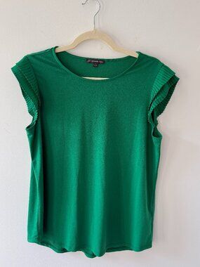 Adrianna Papell Emerald Green Pleated Ruffle Sleeve Blouse Top